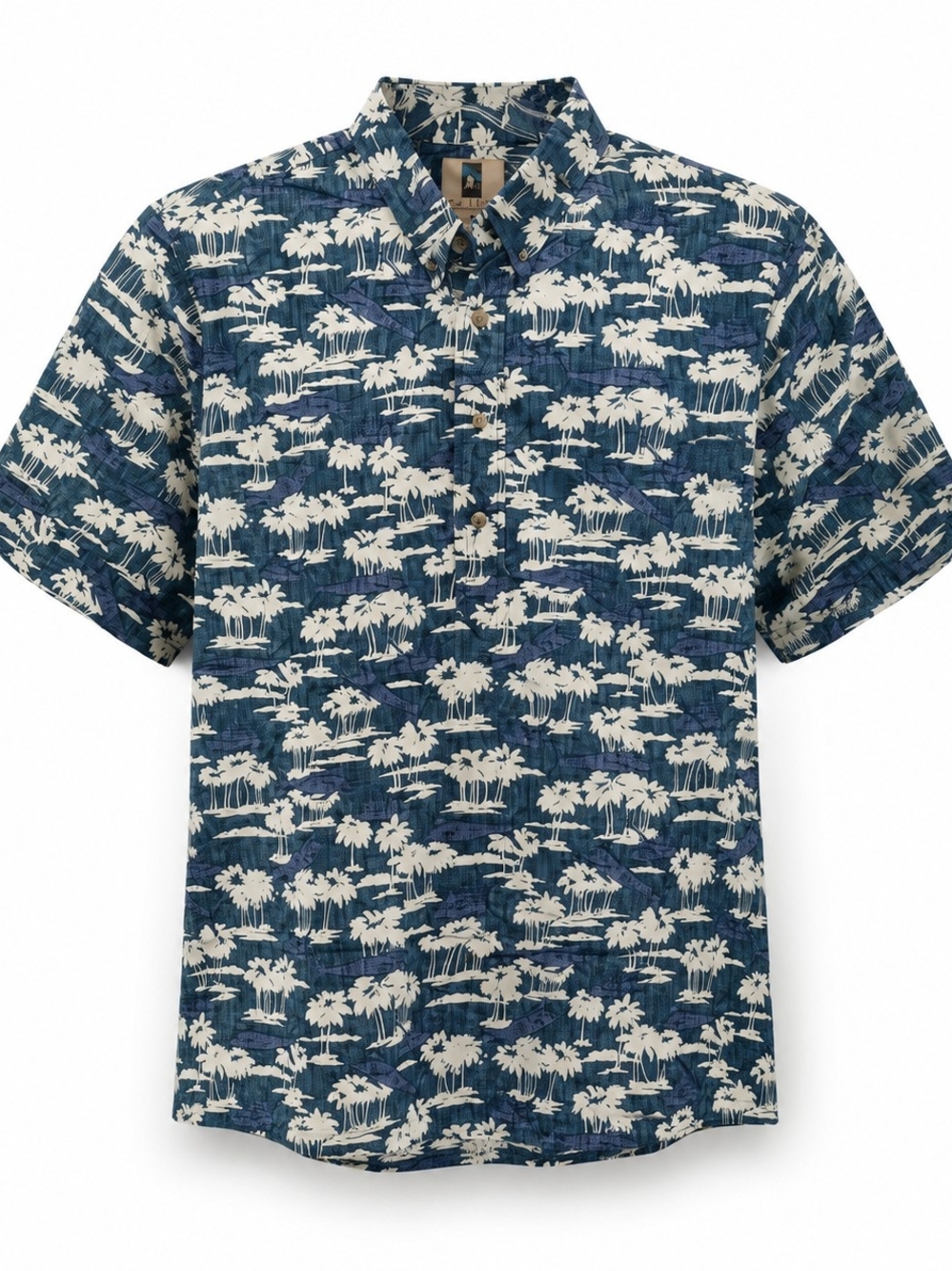Kahala Vintage Casual Short-Sleeve Blue Palm-Print Button-Down Shirt
